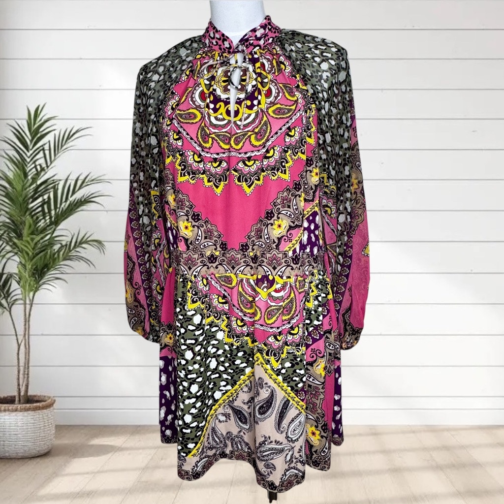 Alice + Olivia Lilian Paisley Shift Dress Desire Multi Bohemian Animal 4 Small